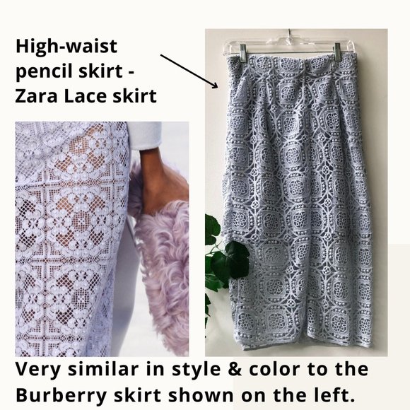 Zara Women High Waist Midi Length Skirt Blue Cotton Lace Pencil Skirt, Small - Picture 2 of 13